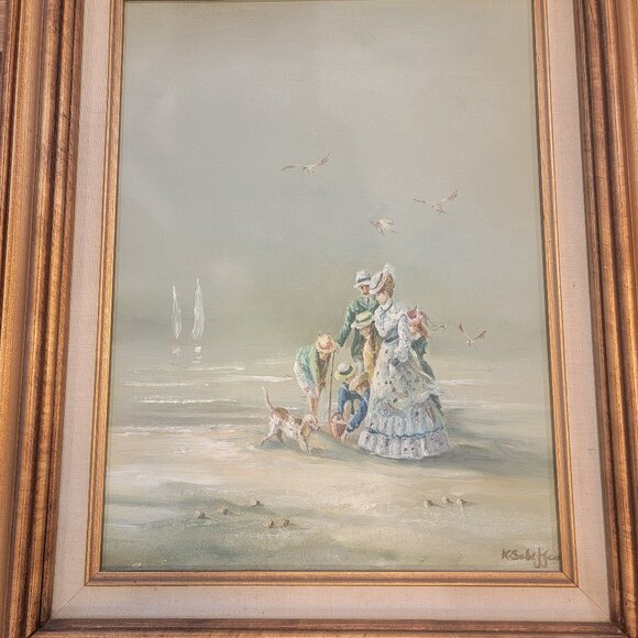 Family on Beach Oil on canvas by K Scheffer Signed. Framed Original - Picture 2 of 12